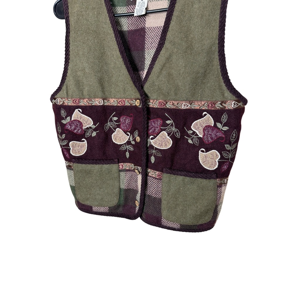 Vintage TanTrums Wool Blend Embroidered Plaid Vest Green Burgundy Womens Medium - Picture 3 of 5